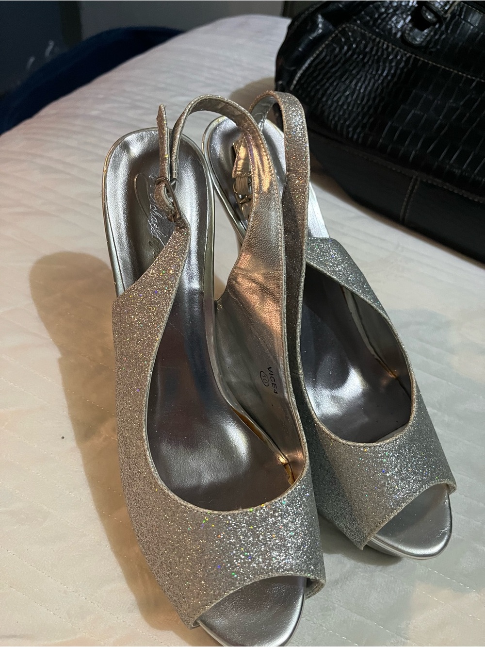 Michaelangelo Silver Glitter Peep-Toe Slingback Heels
